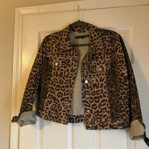Veronica Beard Cara Cropped Leopard Print Denim Jacket